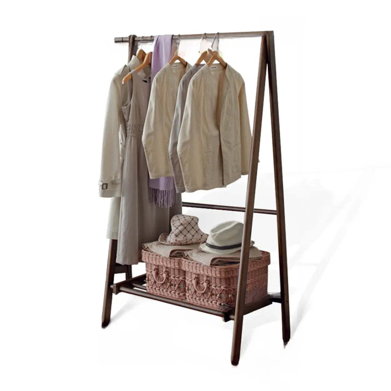 A-Frame Brown Wood Storage Coat Rack with Wheels
