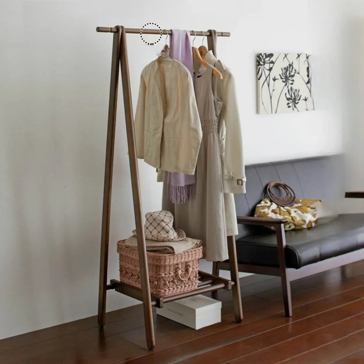 A-Frame Brown Wood Storage Coat Rack with Wheels
