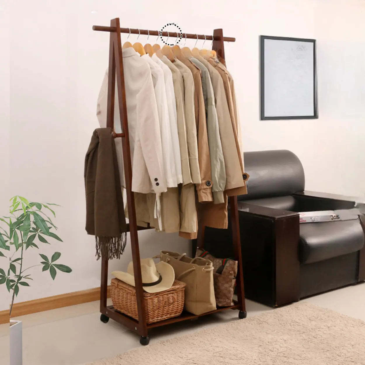 A-Frame Brown Wood Storage Coat Rack with Wheels