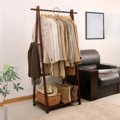 A-Frame Brown Wood Storage Coat Rack with Wheels