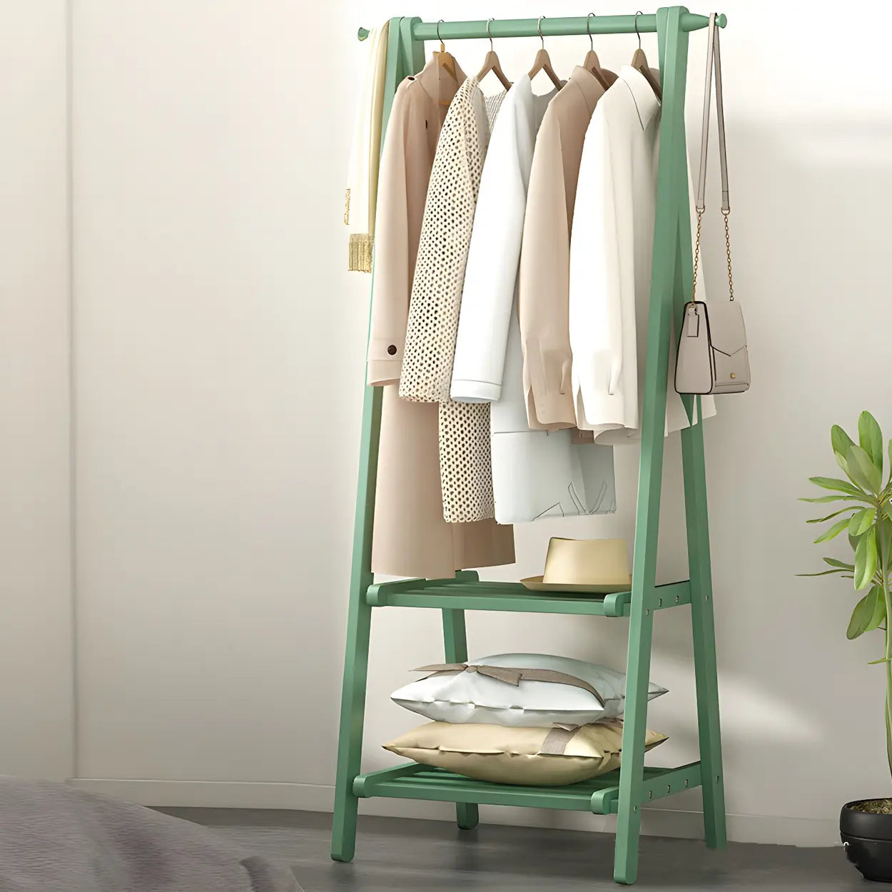 Green A-Frame Wood Garment Rack with Hooks and Shelves
