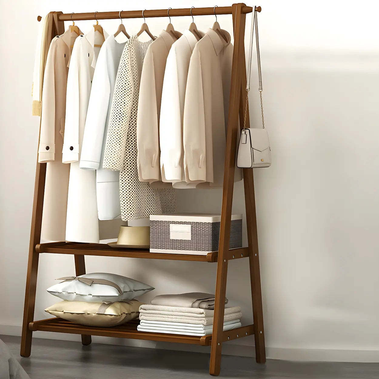 Green A-Frame Wood Garment Rack with Hooks and Shelves
