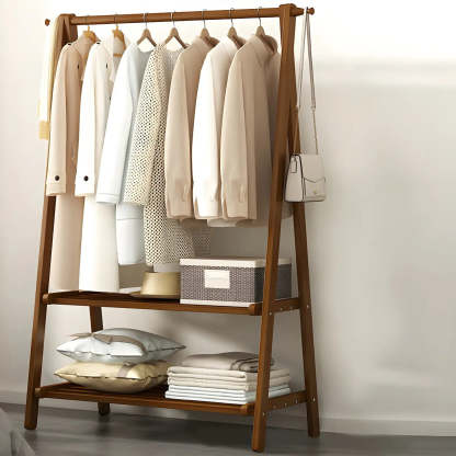 Green A-Frame Wood Garment Rack with Hooks and Shelves