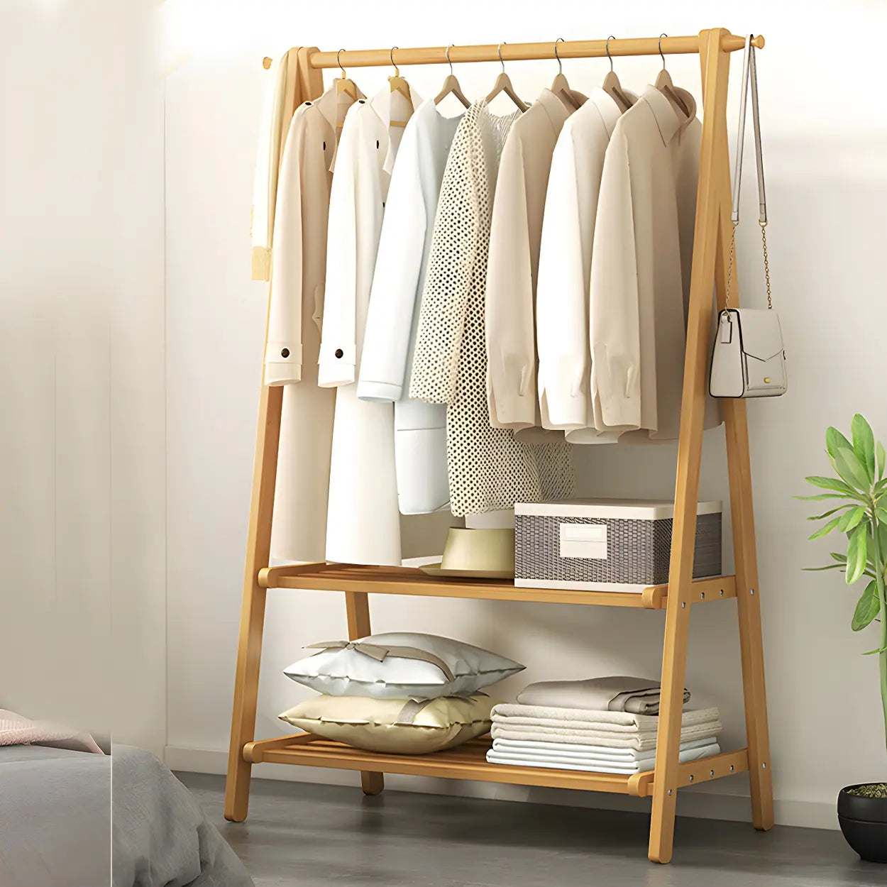 Green A-Frame Wood Garment Rack with Hooks and Shelves