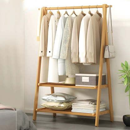 Green A-Frame Wood Garment Rack with Hooks and Shelves