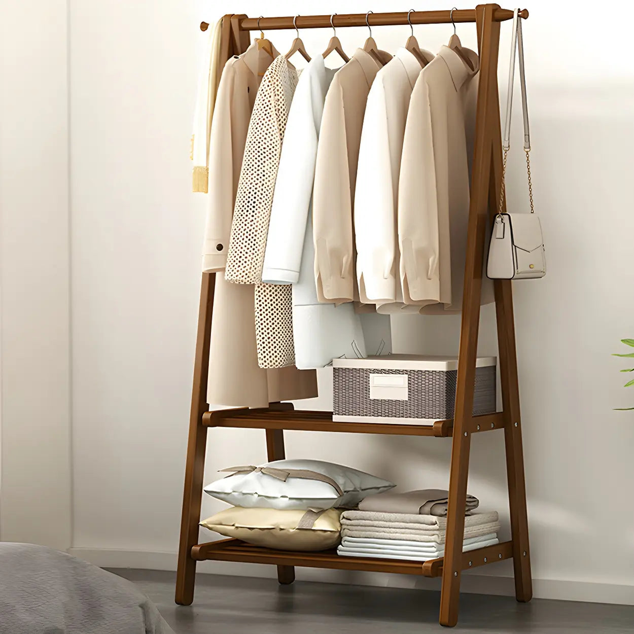 Green A-Frame Wood Garment Rack with Hooks and Shelves