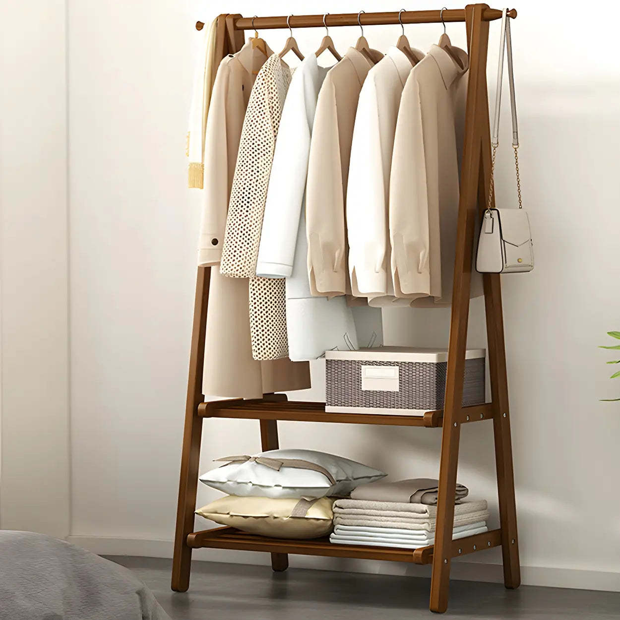 Green A-Frame Wood Garment Rack with Hooks and Shelves