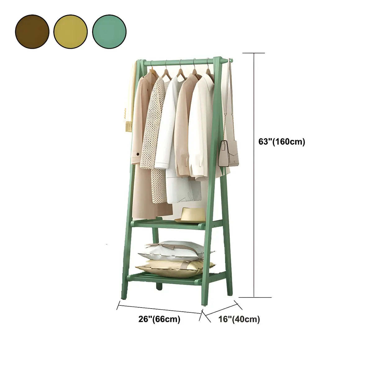 Green A-Frame Wood Garment Rack with Hooks and Shelves