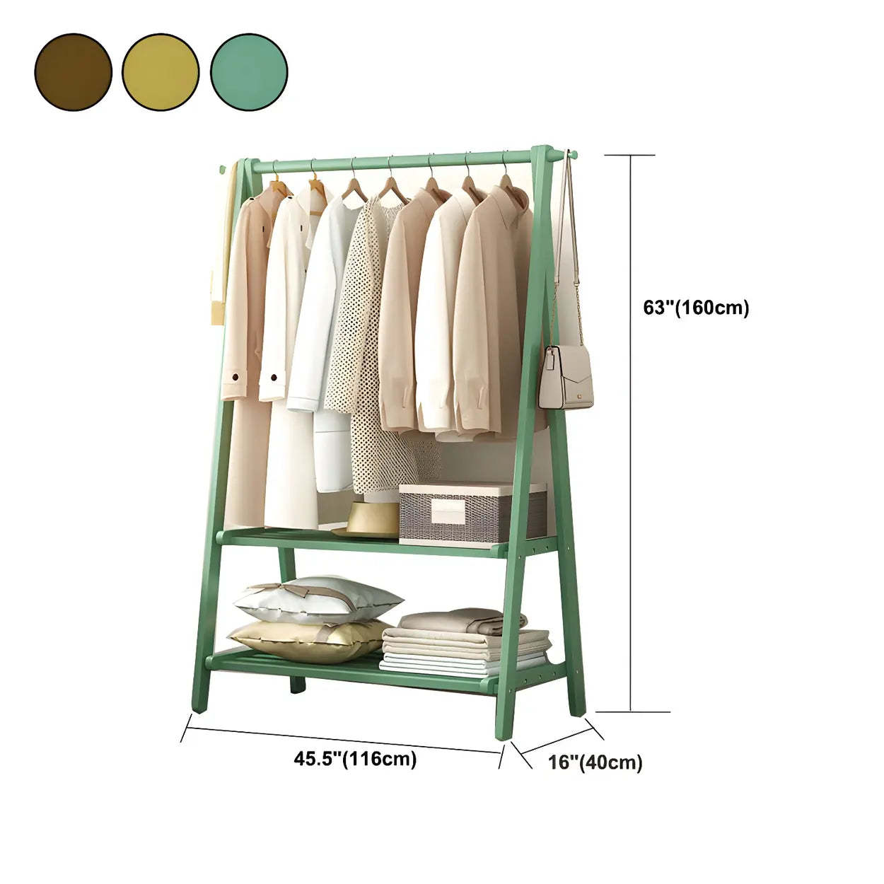 Green A-Frame Wood Garment Rack with Hooks and Shelves
