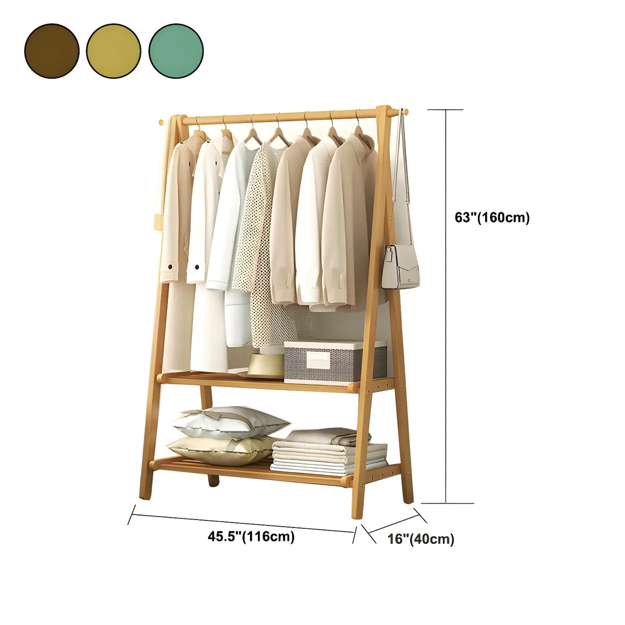 Green A-Frame Wood Garment Rack with Hooks and Shelves