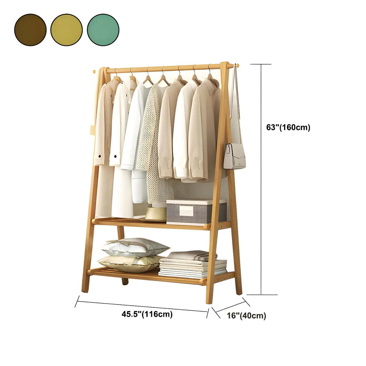 Green A-Frame Wood Garment Rack with Hooks and Shelves