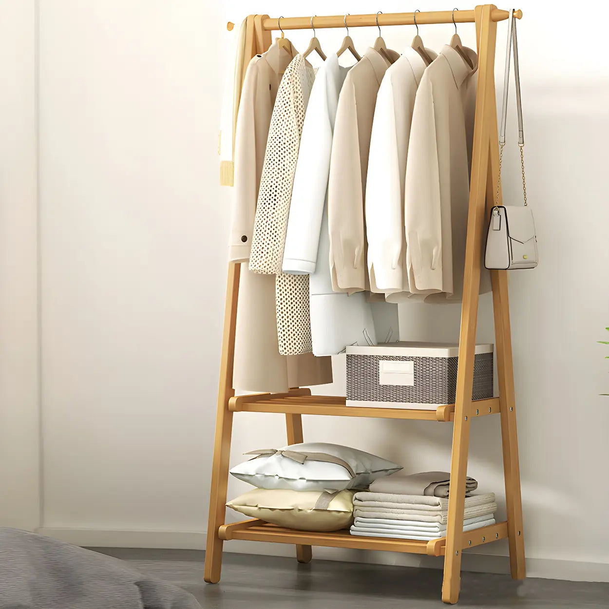 Green A-Frame Wood Garment Rack with Hooks and Shelves — Natural Finish