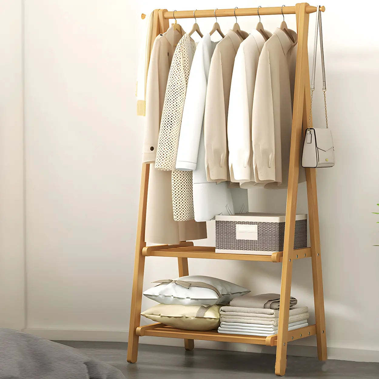 Green A-Frame Wood Garment Rack with Hooks and Shelves — Natural Finish