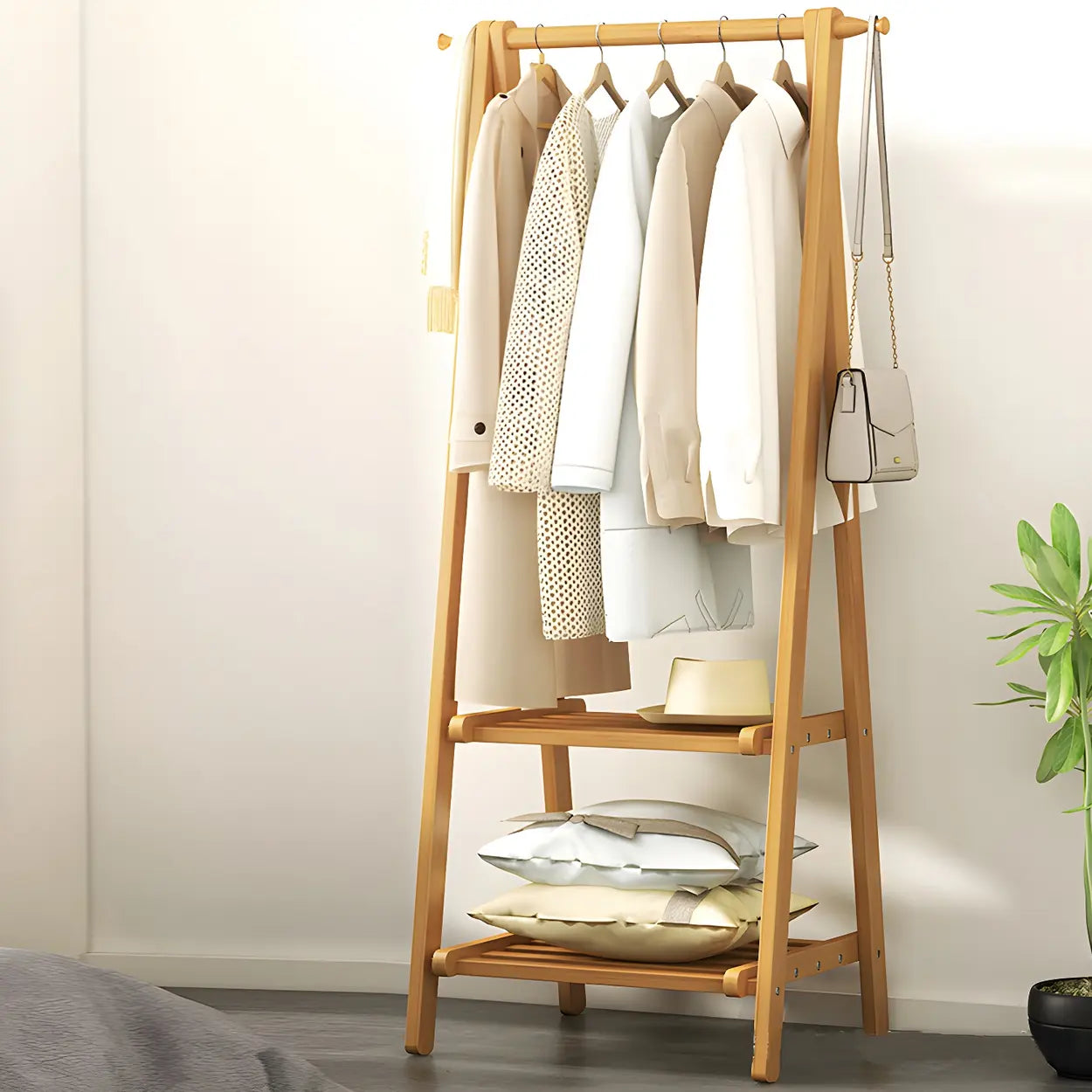 Green A-Frame Wood Garment Rack with Hooks and Shelves — Brown