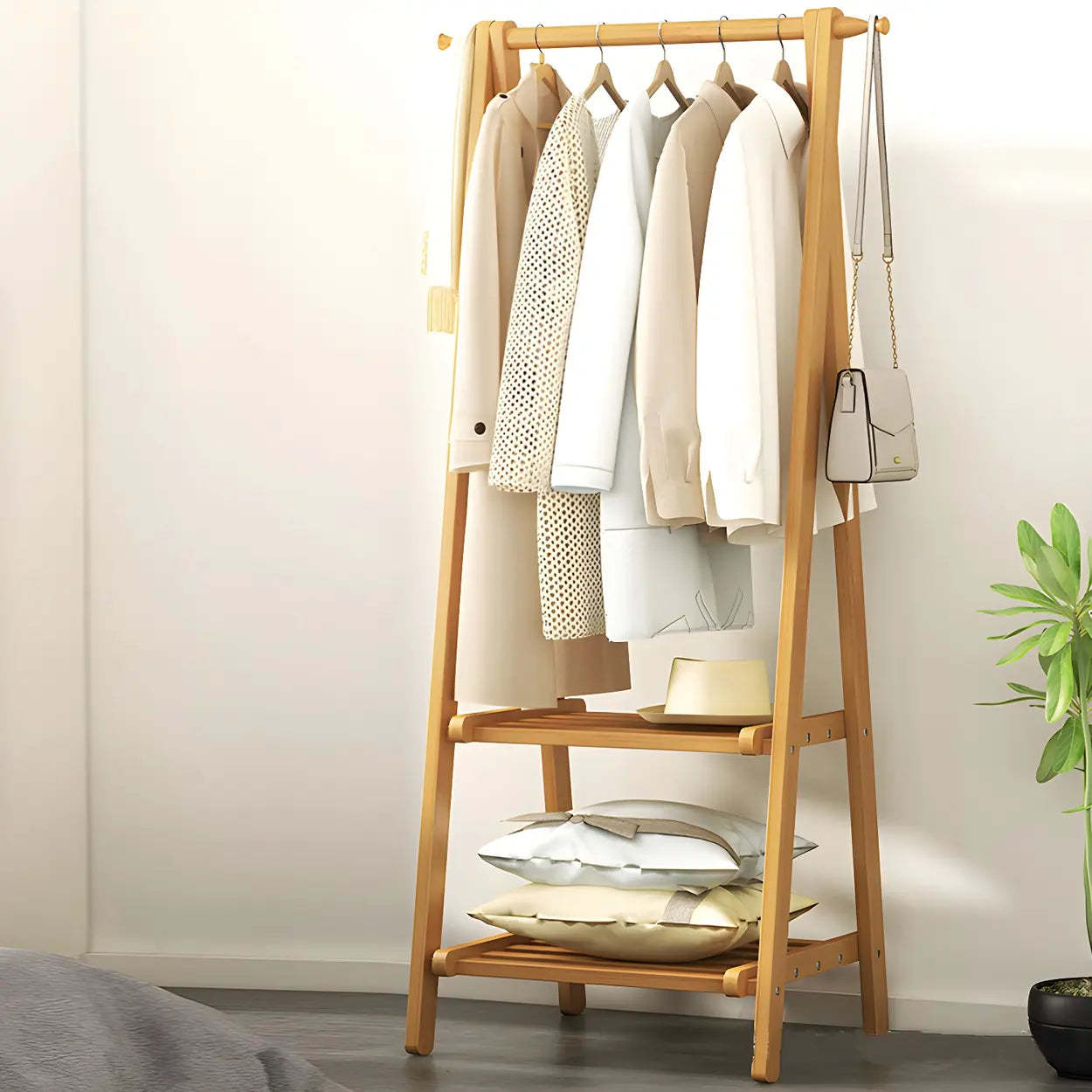 Green A-Frame Wood Garment Rack with Hooks and Shelves — Brown