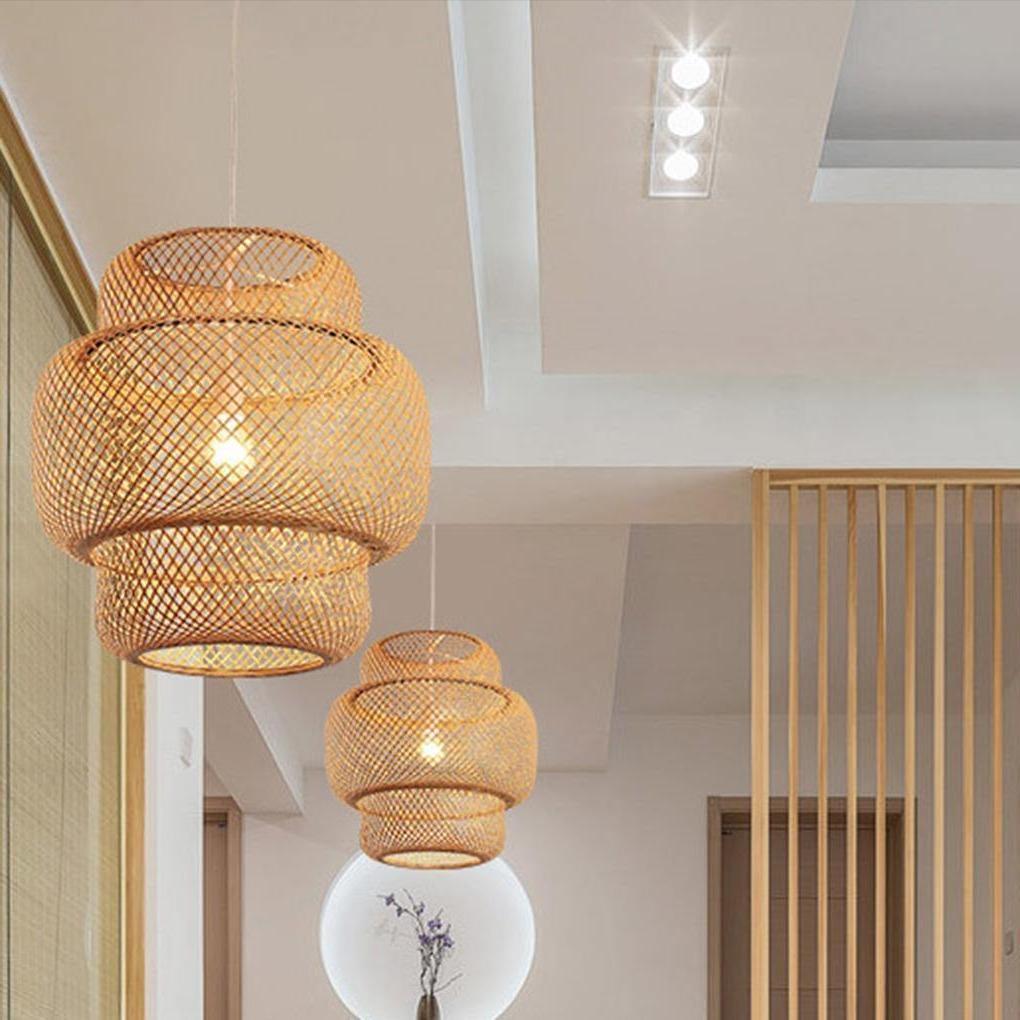 3-Tiered Rustic Bamboo Woven Cylinder Pendant Light