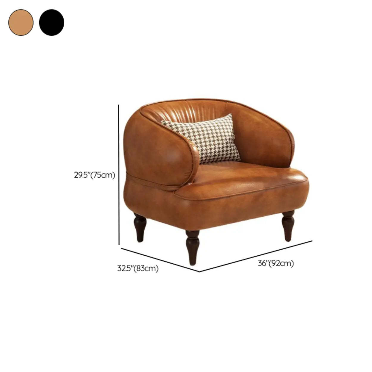 Curved Brown Leather Armchair with Pillow