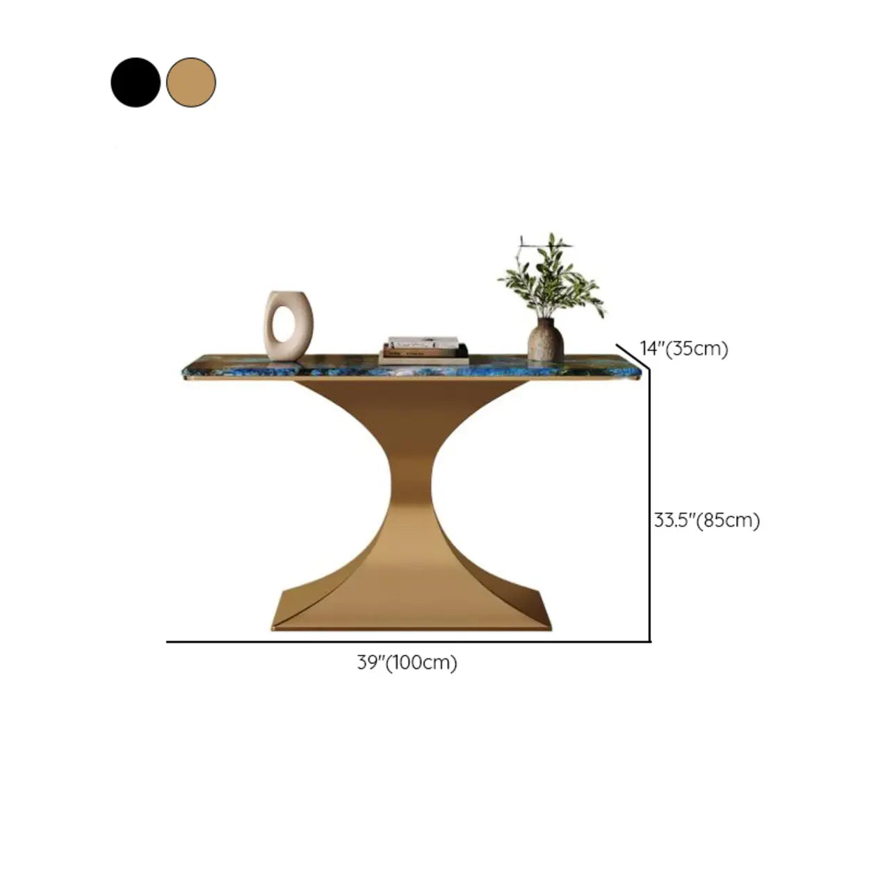 Blue-Gold Curved Base Marble Top Console Table — Black