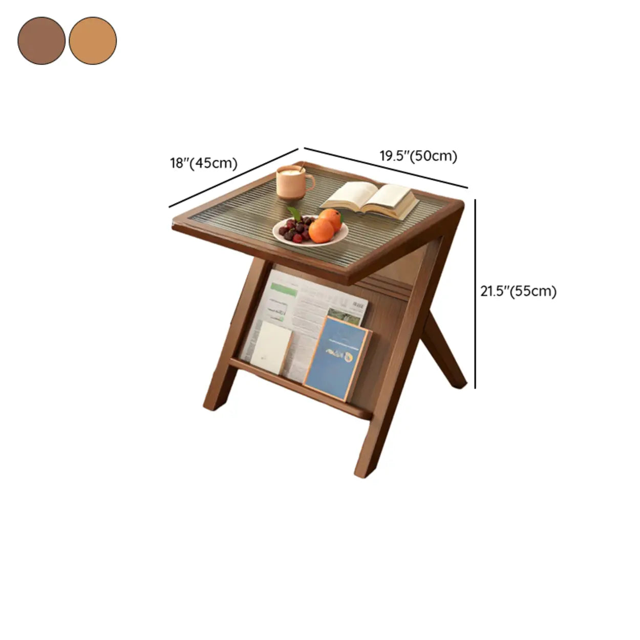 Scandinavian Wood and Glass Side Table with Storage Shelf #size