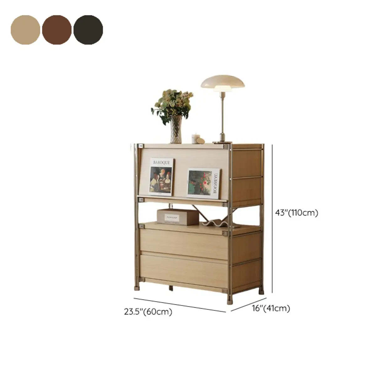 Scandinavian Small Wood Bookshelf with Drawers — Natural
