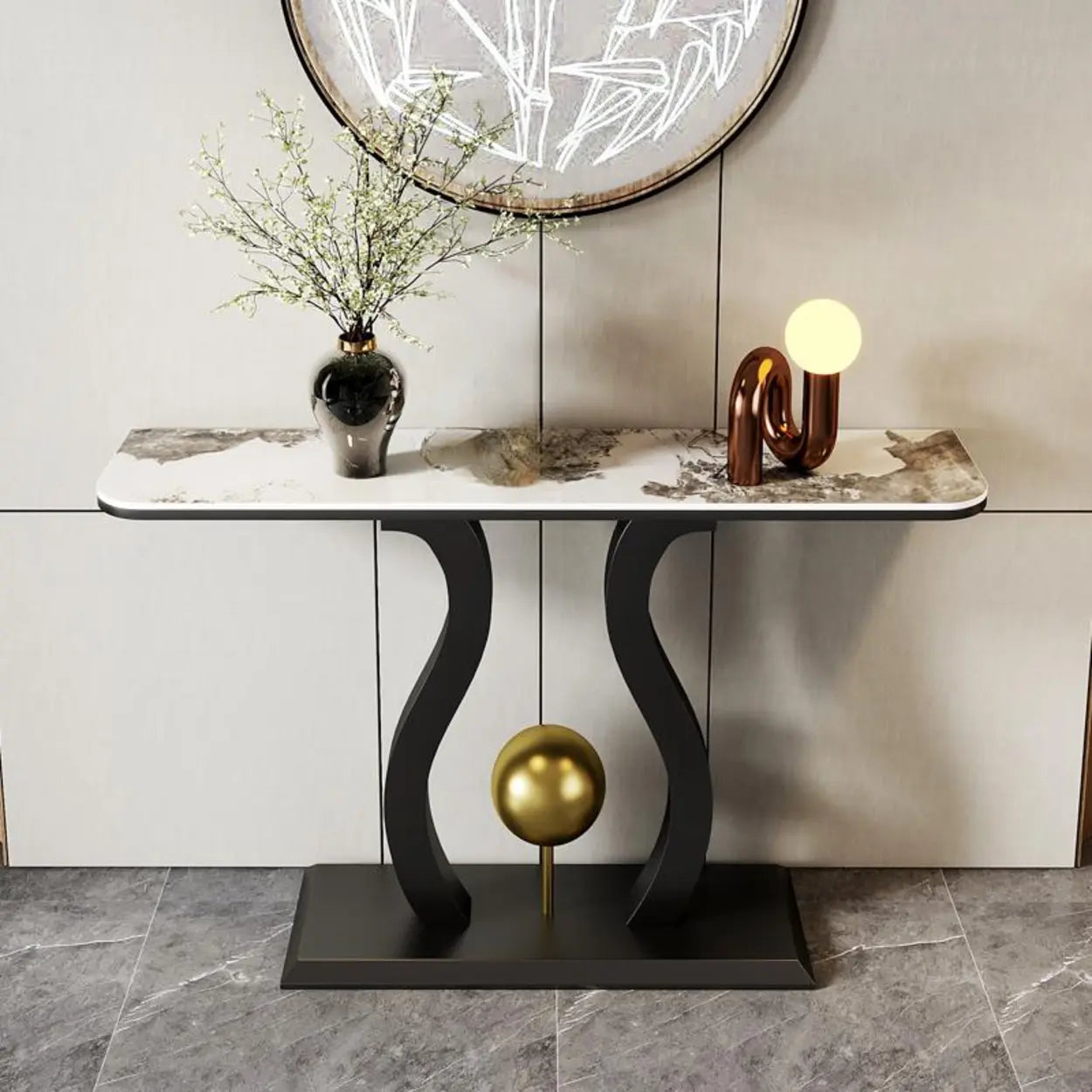 Abstract Base Black Curved Marble Console Table — Black