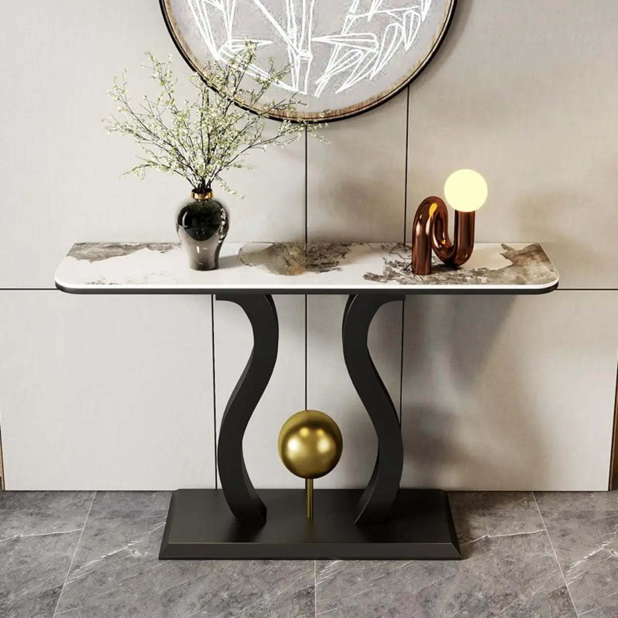 Abstract Base Black Curved Marble Console Table — Black