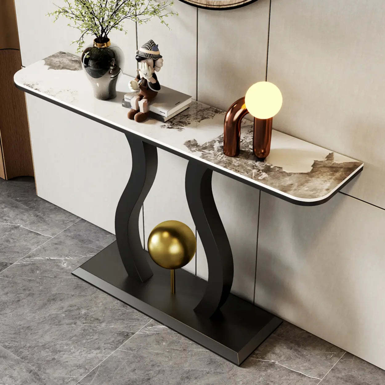 Abstract Base Black Curved Marble Console Table — White