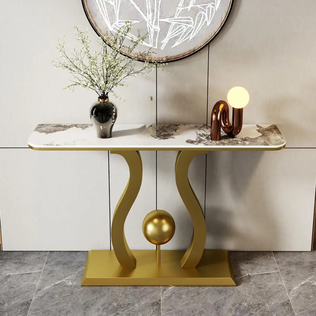Abstract Base Black Curved Marble Console Table — Black