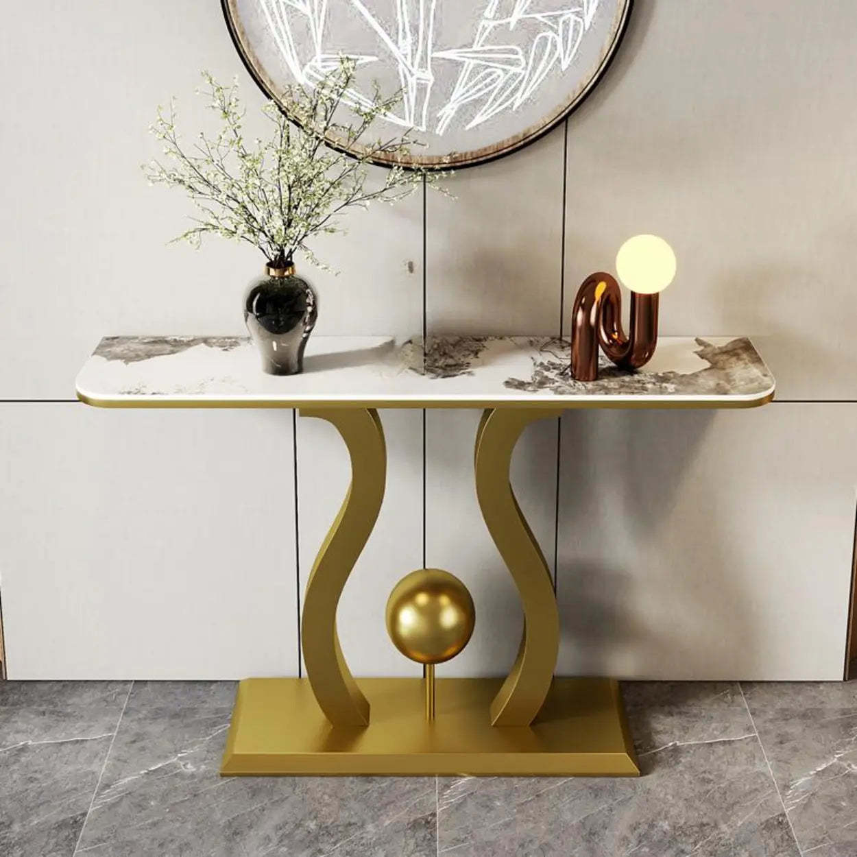 Abstract Base Black Curved Marble Console Table — Black