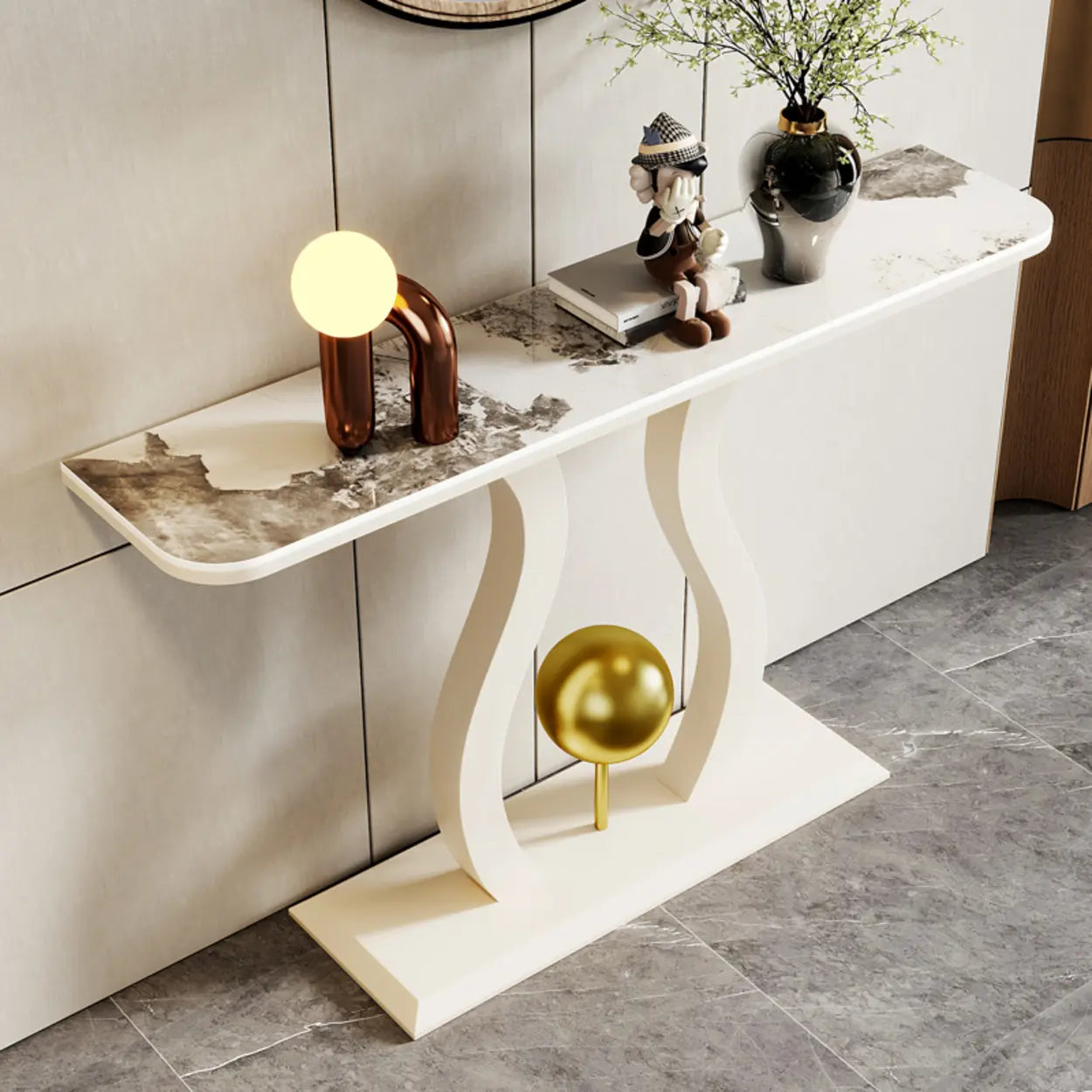 Abstract Base Black Curved Marble Console Table — Gold