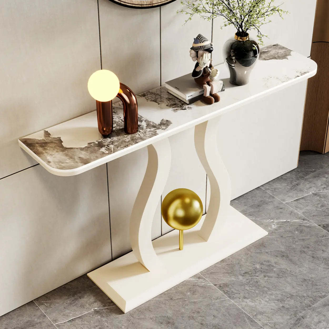 Abstract Base Black Curved Marble Console Table — Gold