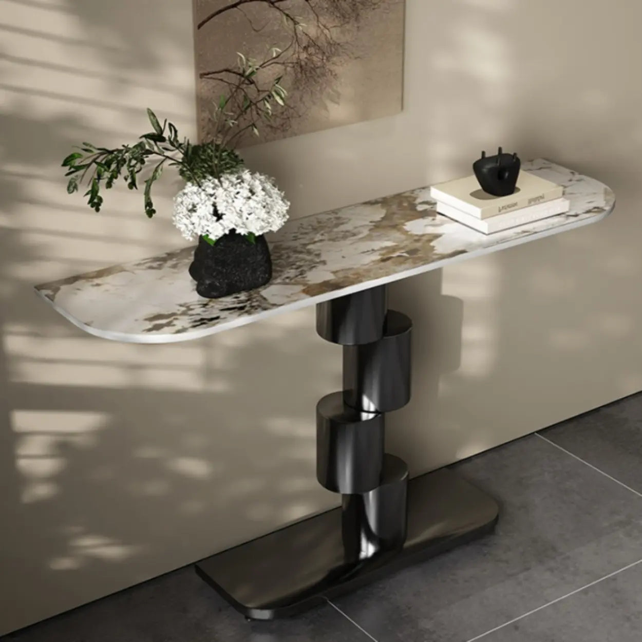 Half-Moon Stone Abstract Console Table — Black