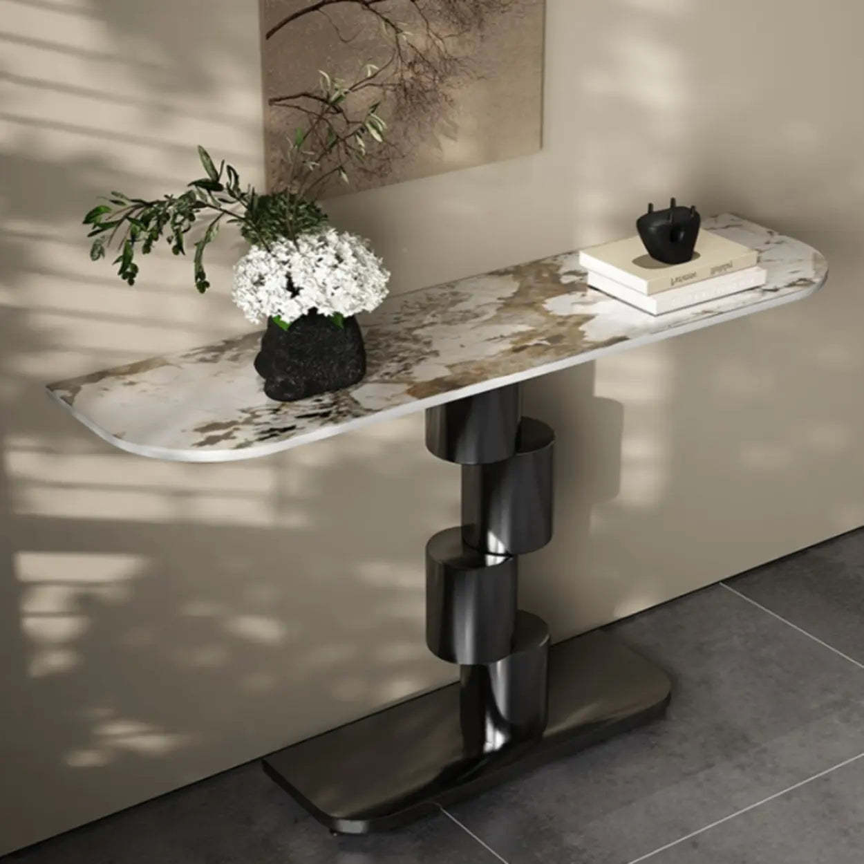 Half-Moon Stone Abstract Console Table — Black