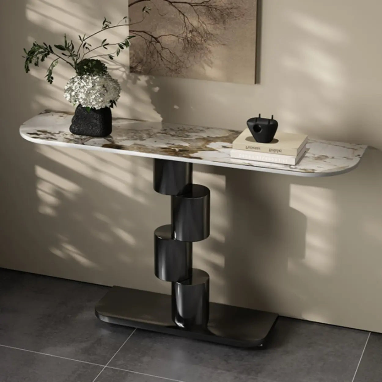 Half-Moon Stone Abstract Console Table — Gold