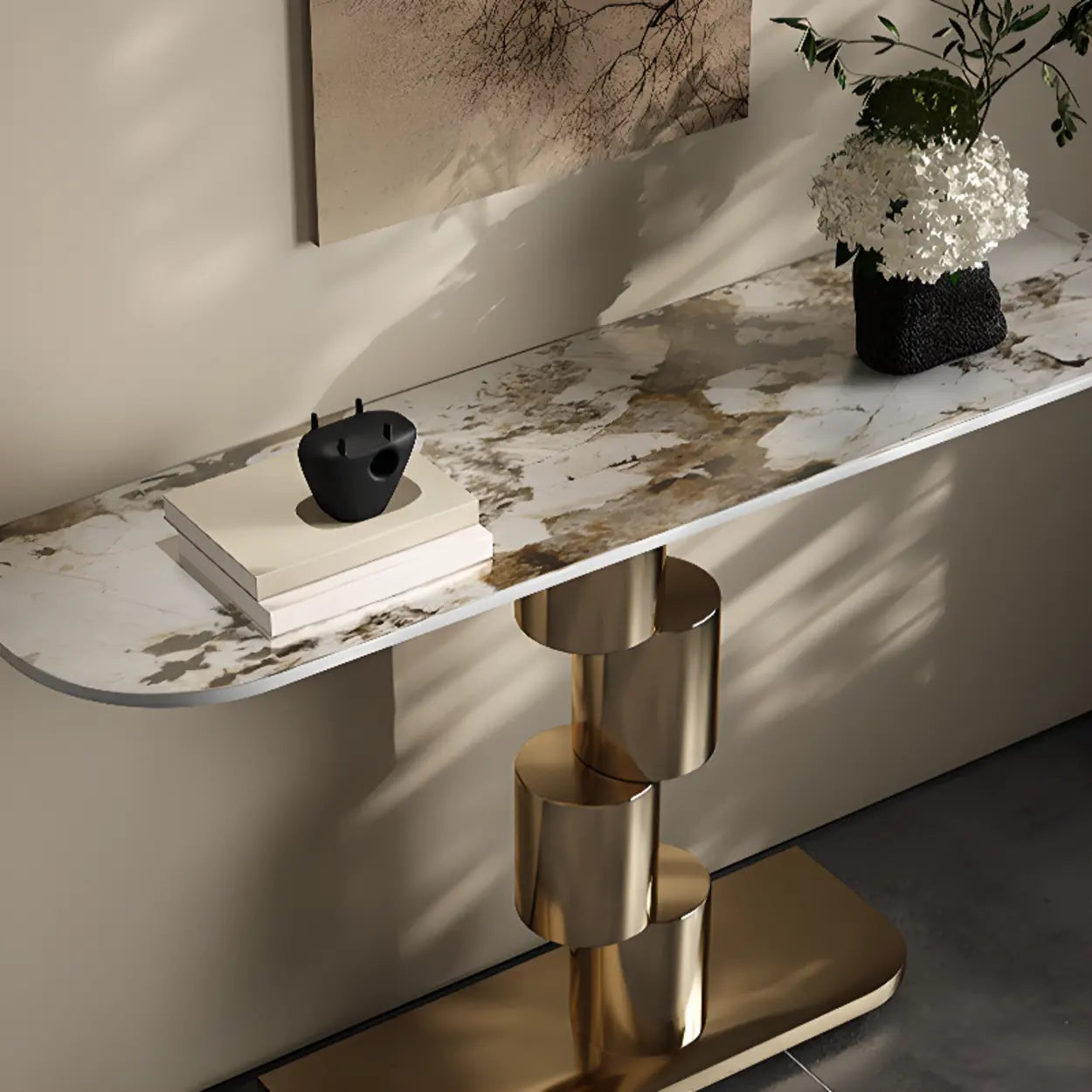 Half-Moon Stone Abstract Console Table — Gold