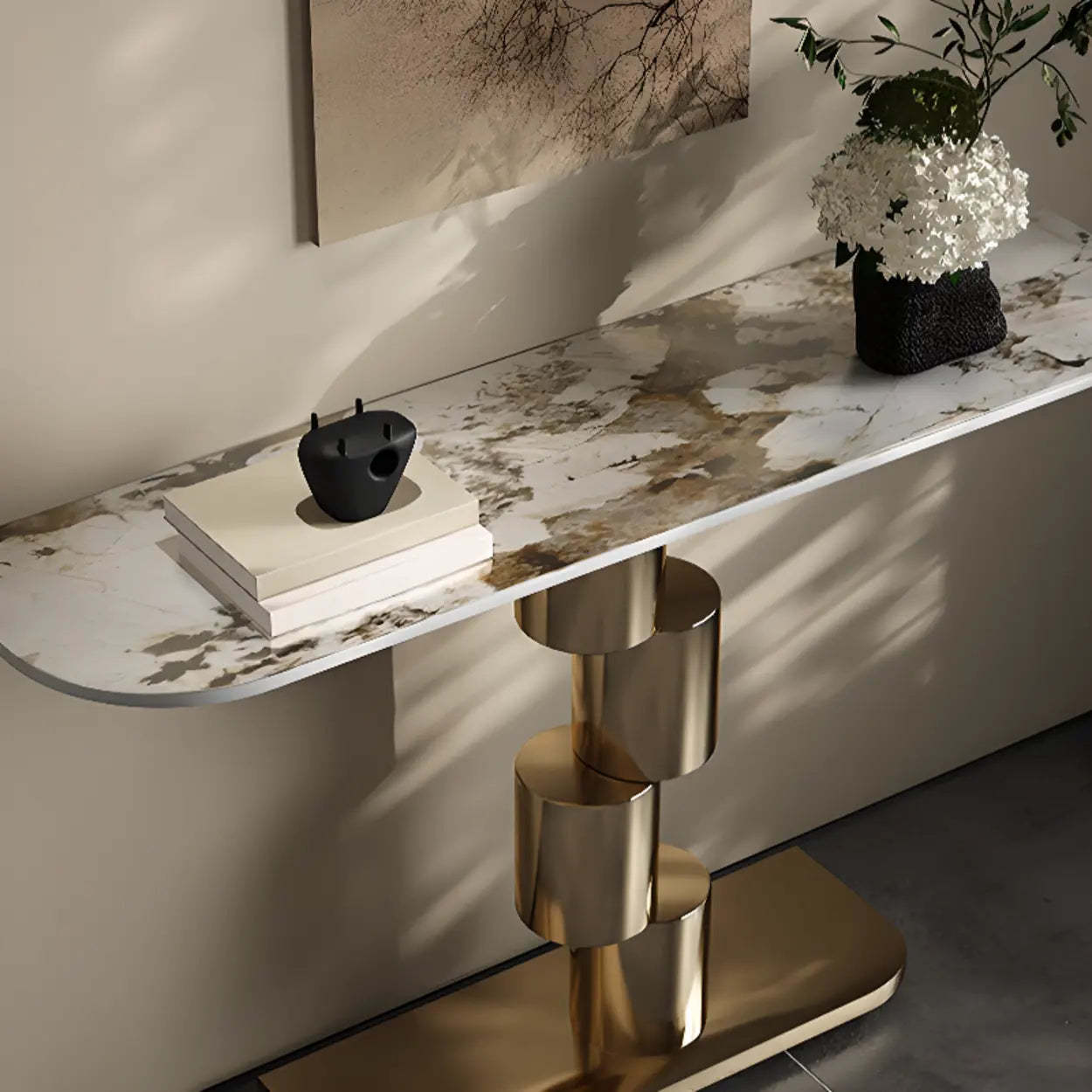 Half-Moon Stone Abstract Console Table — Gold