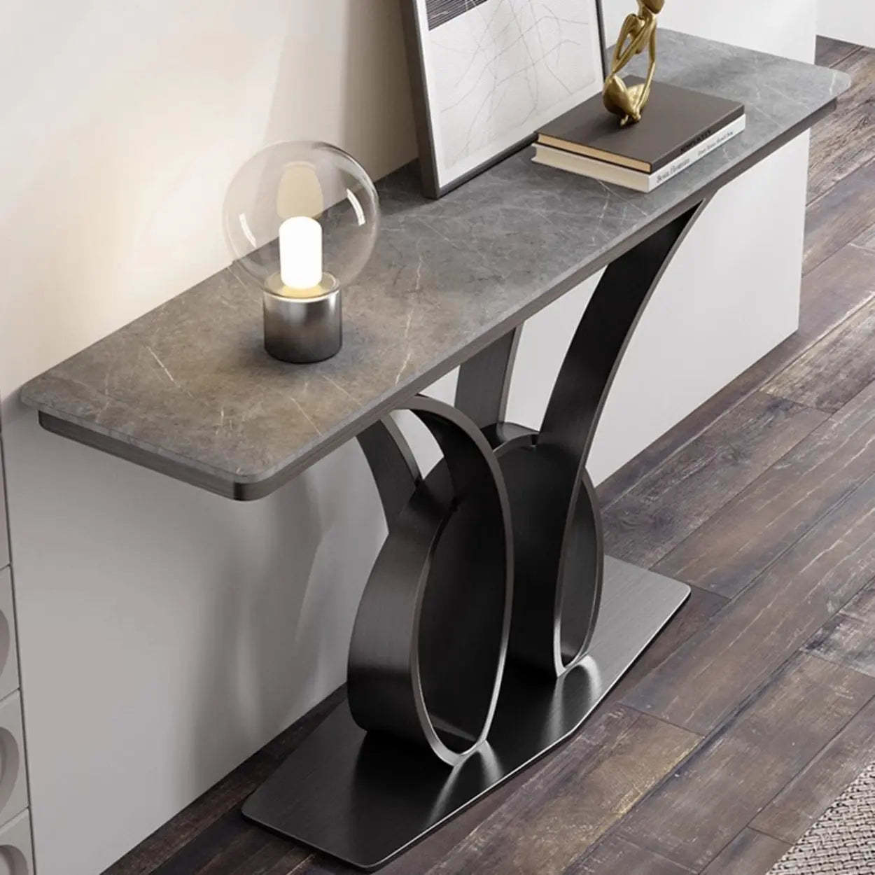 Abstract Base Metal Stone Gray Console Table — Black / Gray