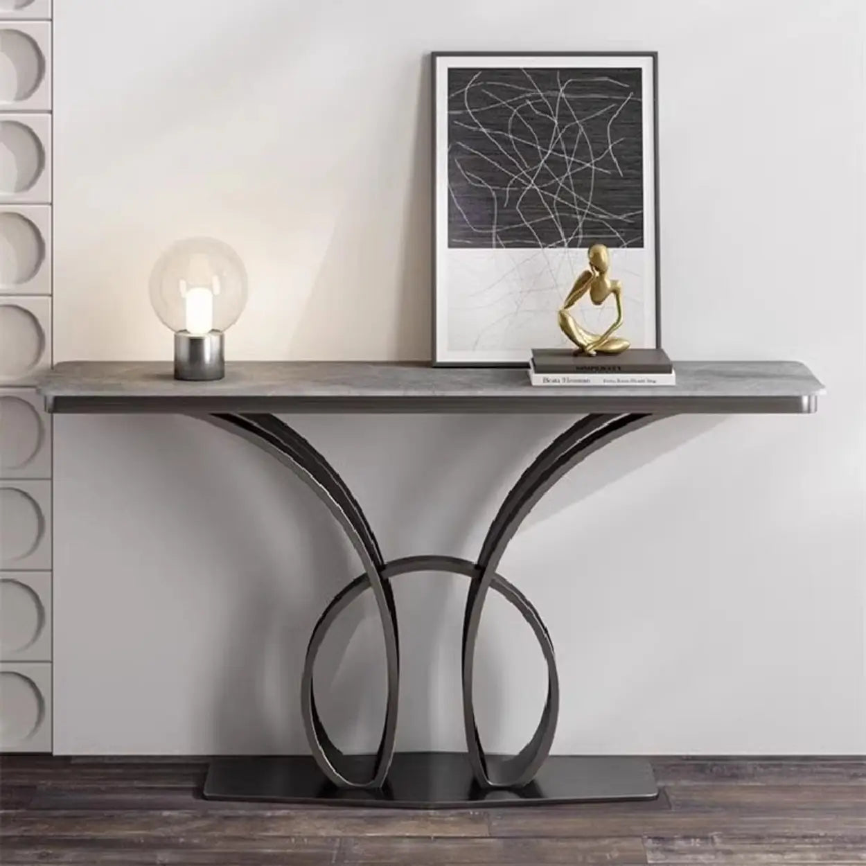 Abstract Base Metal Stone Gray Console Table — Black / Marbling