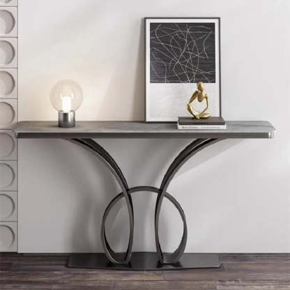 Abstract Base Metal Stone Gray Console Table — Black / Marbling