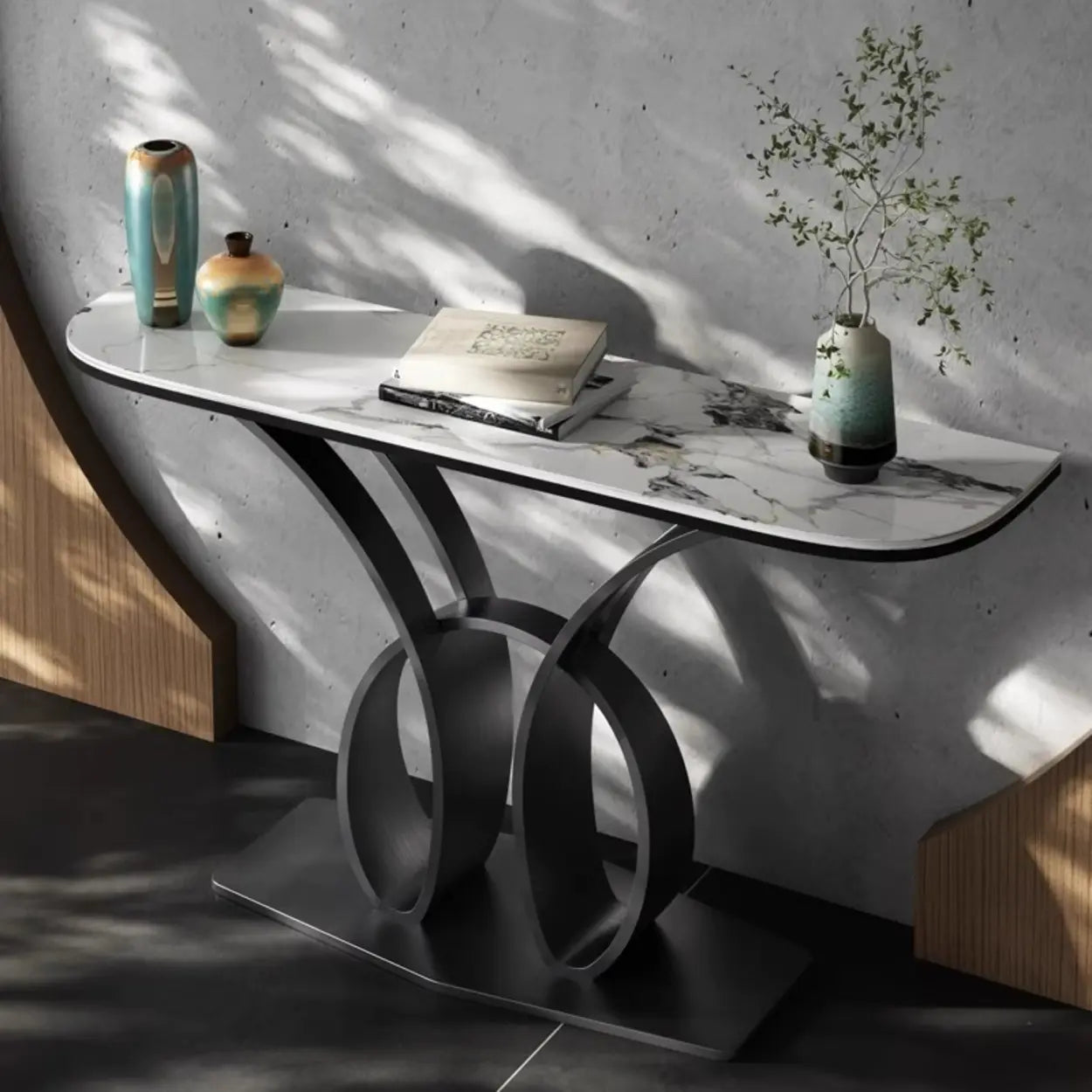 Abstract Base Metal Stone Gray Console Table — Gold / Marbling