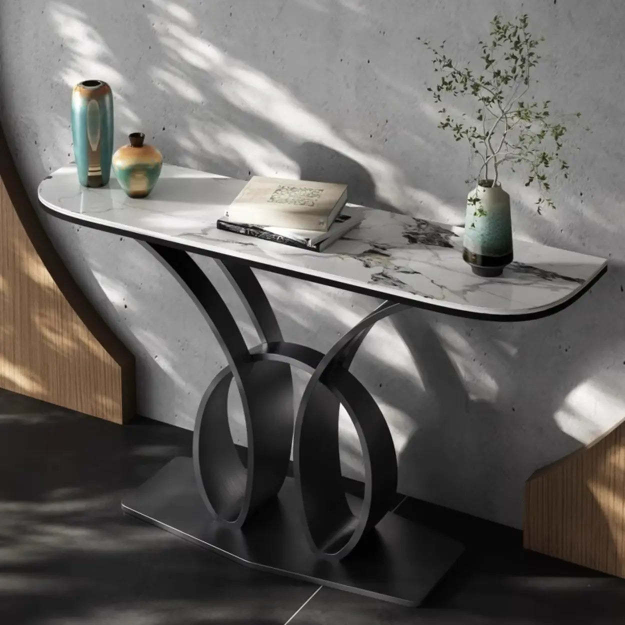 Abstract Base Metal Stone Gray Console Table — Gold / Marbling