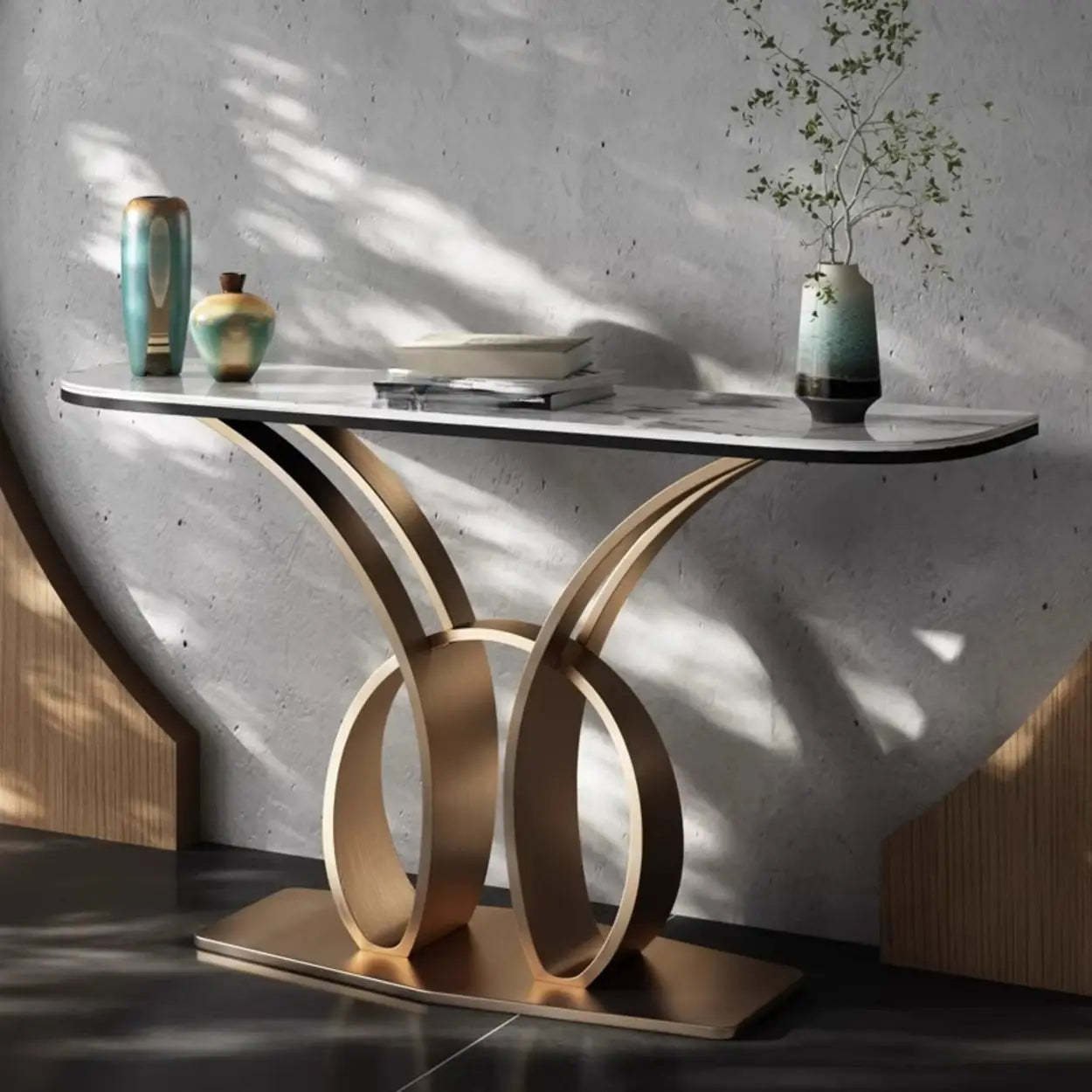 Abstract Base Metal Stone Gray Console Table — Black / Marbling