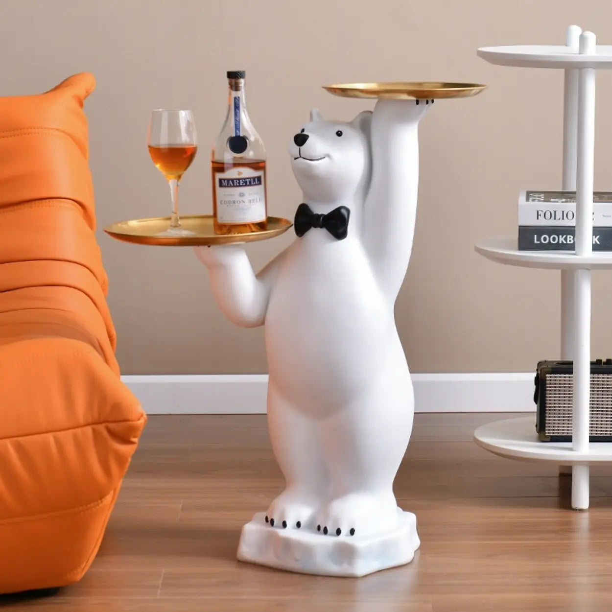 Abstract Bear Resin Gold-Tray White Side Table — White