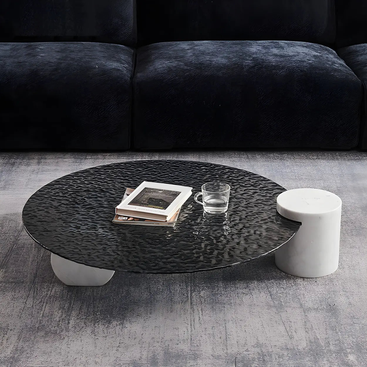 Abstract Black Round Glass Stone-Base Coffee Table