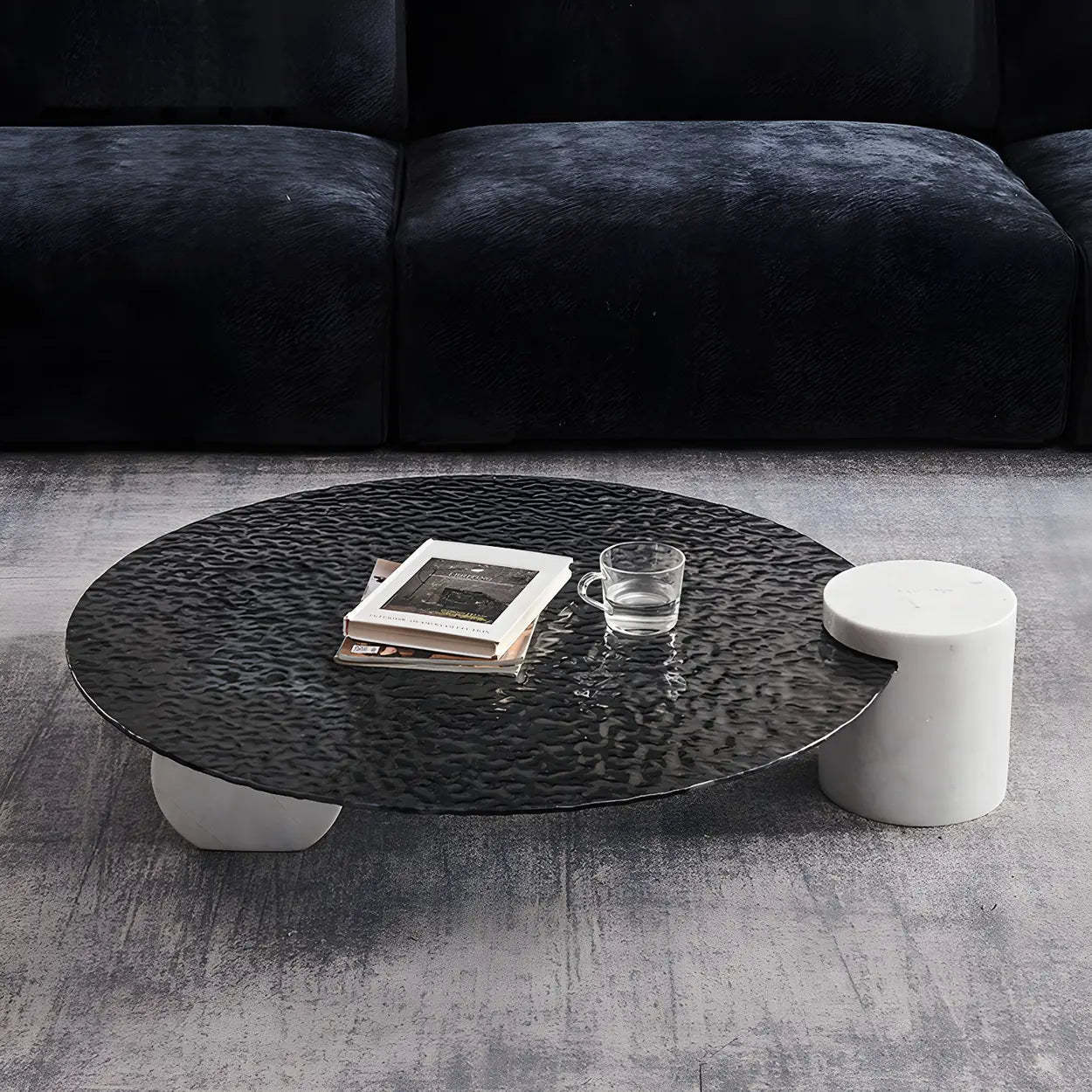 Abstract Black Round Glass Stone-Base Coffee Table