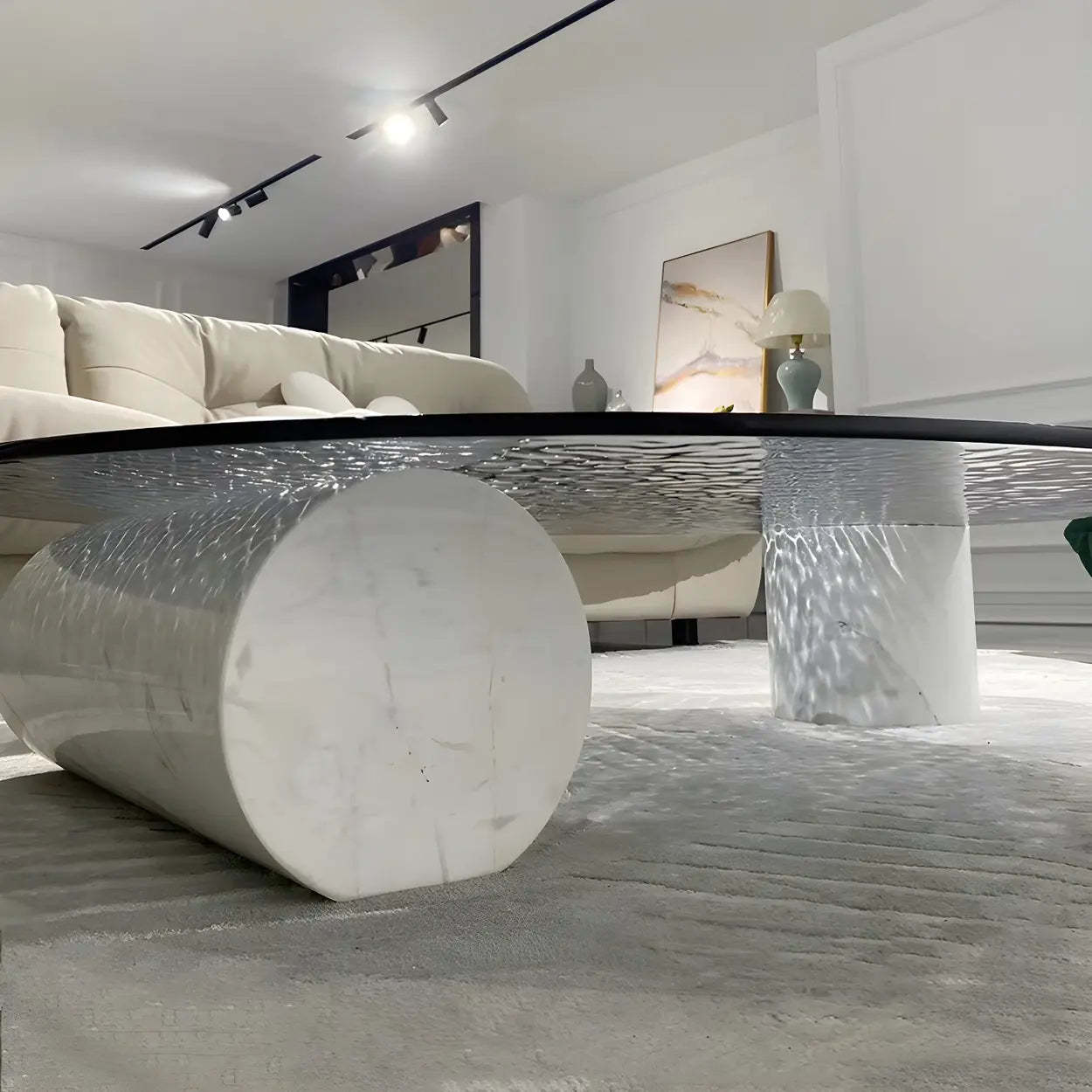 Abstract Black Round Glass Stone-Base Coffee Table