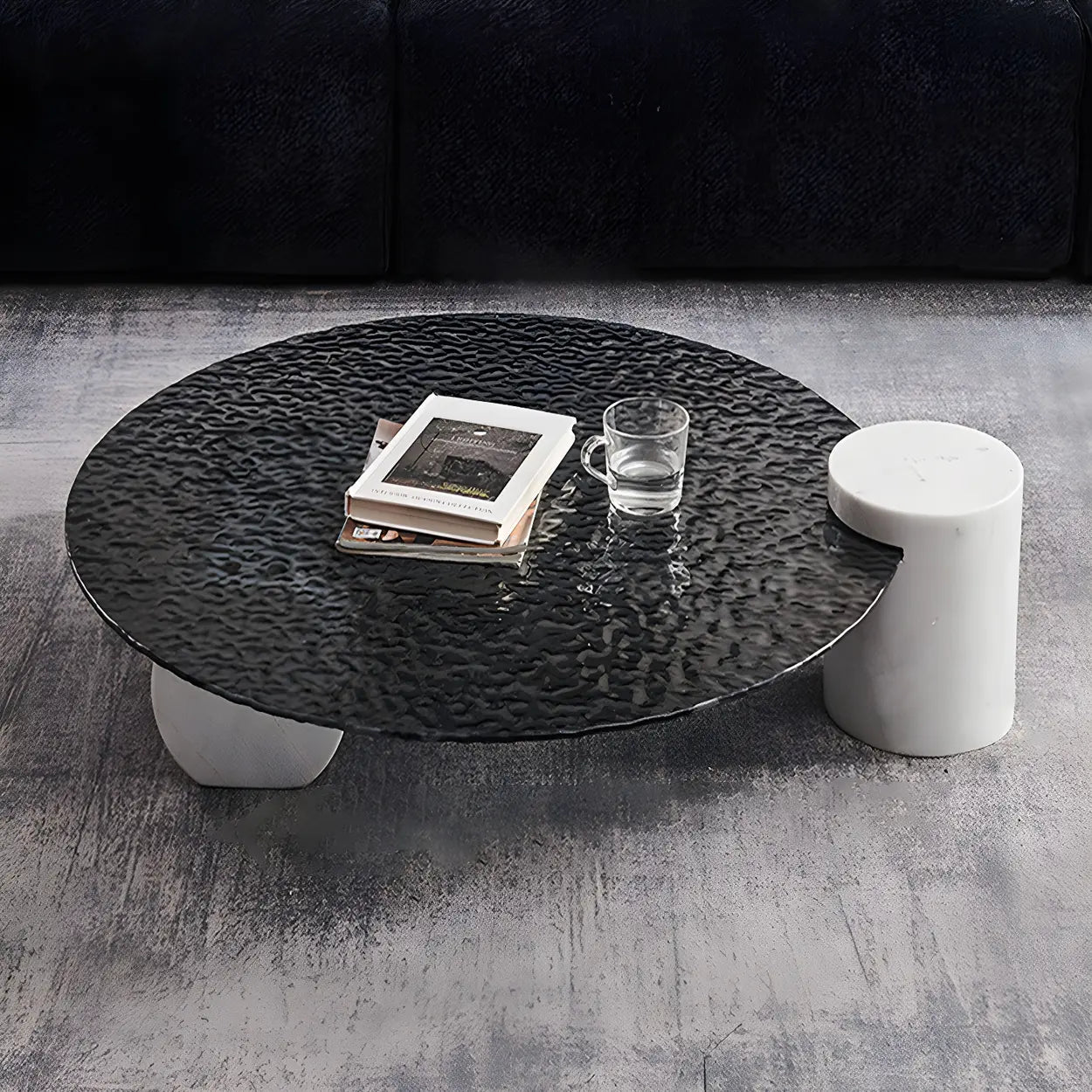 Abstract Black Round Glass Stone-Base Coffee Table