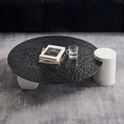 Abstract Black Round Glass Stone-Base Coffee Table
