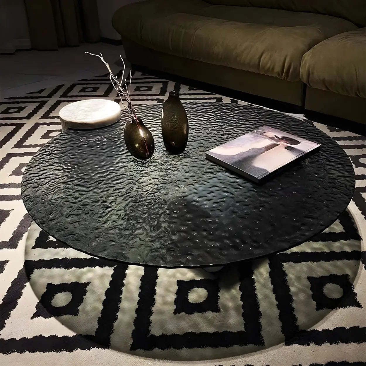 Abstract Black Round Glass Stone-Base Coffee Table