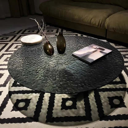Abstract Black Round Glass Stone-Base Coffee Table